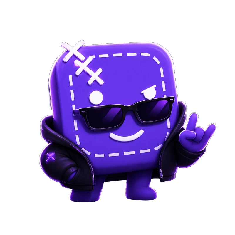 Patchy, the Mendaro mascot: a purple patch character with stitched seams, sunglasses, and a leather jacket